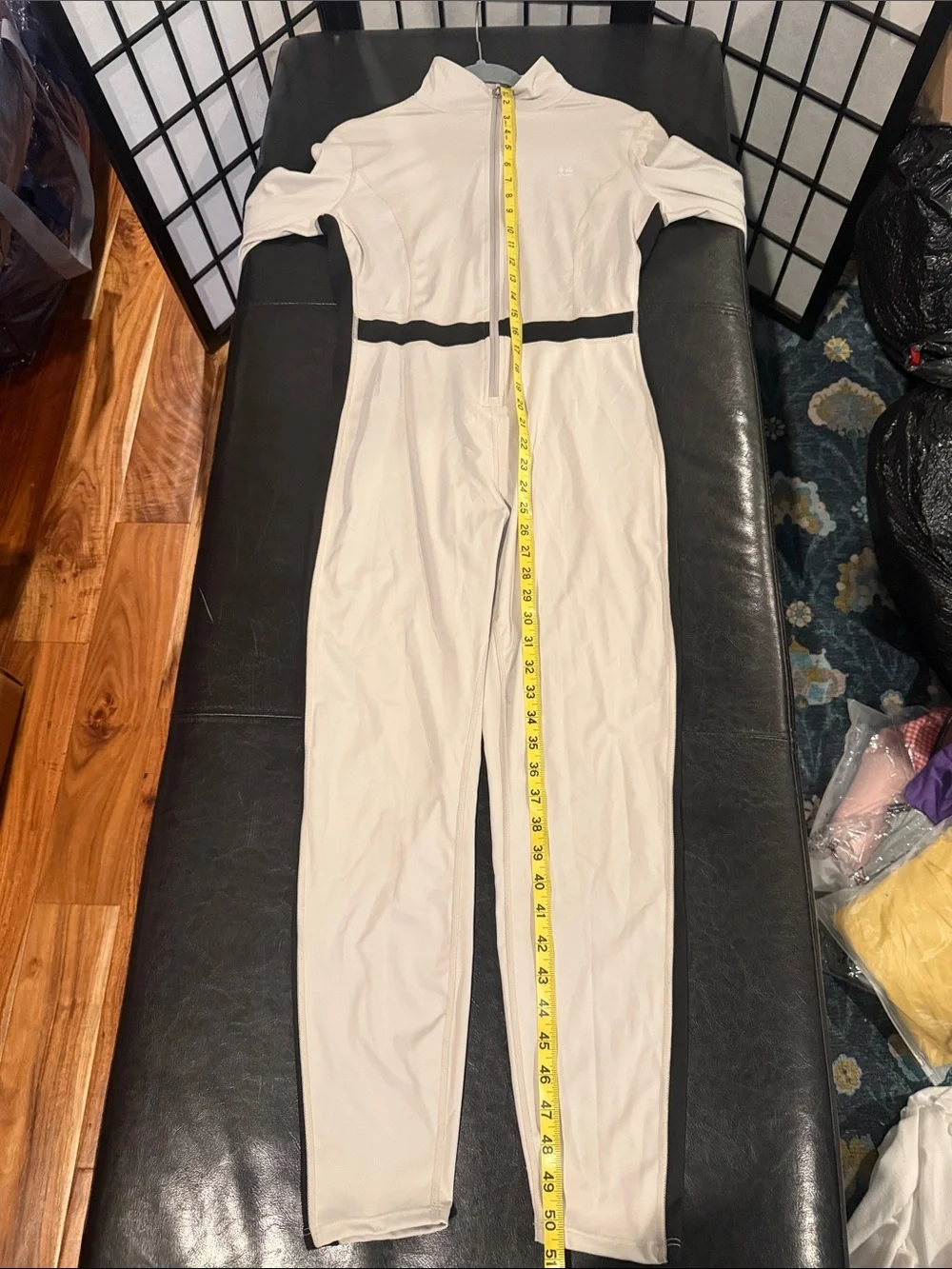 Women's Light Gray Long-Sleeve Jumpsuit with Black Trim